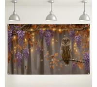 Sfondo da parete con gufo autunnale, decorazioni rustiche per feste con fiori viola e foglie, accogliente sfondo fotografico per interni ed esterni, per eventi autunnali e Halloween, 180 x 109 cm
