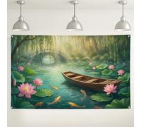 Sfondo da parete con laghetto con ninfee, decorazione artistica floreale ad acquerello, scena naturale verde pesca per eventi fotografici, forniture per feste primaverili ed estive, 180 x 109 cm