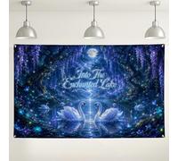 Sfondo da parete con lago incantato, decorazione con cigni magici e glicine, sfondo fotografico viola blu per eventi e feste, 180 x 109 cm