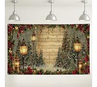 Sfondo da parete con lanterna natalizia vintage, foresta innevata, nota musicale, sfondo decorativo per feste natalizie, forniture per cabina fotografica nel paese delle meraviglie invernali, 180 x