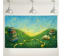 Sfondo da parete con libri sul prato incantato, fantasioso sfondo fotografico artistico naturalistico, perfetto per eventi di narrazione, feste di laurea, celebrazioni primaverili, 180 x 109 cm