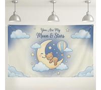 Sfondo da parete con luna e stelle, decorazioni per feste con design a nuvola e orso, sfondo blu per interni ed esterni, sfondo fotografico per baby shower e feste di compleanno, 180 x 109 cm