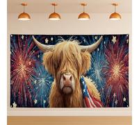 Sfondo da parete con mucca delle Highland e fuochi d'artificio, decorazioni rustiche pastorali americane, sfondo patriottico per interni ed esterni, per fotografia, celebrazioni del 4 luglio, 180 x
