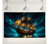 Sfondo da parete con nave nautica, decorazione vintage con scena a vela pirata, sfondo blu scuro oceano per feste, eventi e decorazioni per la casa, 180 x 109 cm