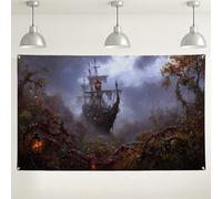 Sfondo da parete con nave pirata infestata, decorazioni gotiche misteriose della natura, sfondo fotografico spettrale per interni ed esterni, per feste di Halloween, 180 x 109 cm