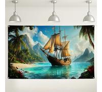 Sfondo da parete con nave pirata tropicale, decorazioni colorate per avventure nautiche, scena estiva sulla spiaggia, sfondo fotografico per feste ed eventi, 180 x 109 cm