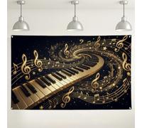 Sfondo da parete con note musicali, elegante design dorato con tasti di pianoforte per decorazioni per feste, sfondo fotografico per eventi musicali, celebrazioni per interni ed esterni, 180 x 109 cm