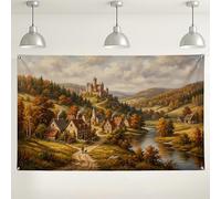 Sfondo da parete con paesaggio autunnale, decorazione scenica vintage della natura, sfondo rustico con castello e fiume per eventi fotografici, forniture per feste a tema autunnale, 180 x 109 cm