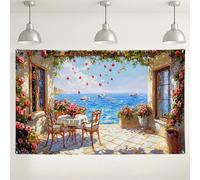 Sfondo da parete con paesaggio costiero, decorazioni floreali sul lungomare scenico per feste, spiaggia interno/esterno, sfondo per fotografia eventi e raduni estivi, 180 x 109 cm