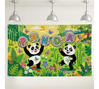 Sfondo da parete con panda e giungla, decorazioni colorate per feste in stile cartone animato, sfondo verde vibrante per interni ed esterni, sfondo fotografico per eventi di compleanno, 180 x 109 cm