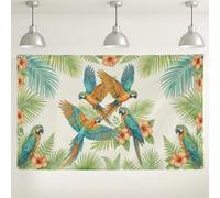 Sfondo da parete con pappagalli tropicali, decorazioni floreali vivaci per feste della giungla, sfondo fotografico colorato verde e arancione per eventi estivi e celebrazioni, 180 x 109 cm