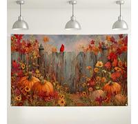 Sfondo da parete con raccolta autunnale, zucca autunnale e cardinale, decorazione floreale rustica per eventi di festa del Ringraziamento, decorazione stagionale per la casa, 180 x 109 cm
