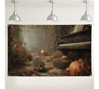 Sfondo da parete con riccio autunnale, sfondo fotografico rustico con scena naturalistica, graziosa foresta di zucche per eventi stagionali, 180 x 109 cm