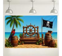 Sfondo da parete con ruota pirata e nave tropicale, decorazioni a tema avventura sulla spiaggia, sfondo fotografico colorato con pappagalli e palme, per feste ed eventi, 180 x 109 cm