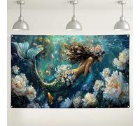 Sfondo da parete con sirena floreale subacquea, decorazione artistica per feste oceaniche, mistico per interni ed esterni, forniture per fotografie estive, celebrazioni, 180 x 109 cm
