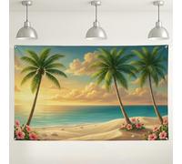 Sfondo da parete con spiaggia tropicale, palme, decorazioni floreali per feste estive, tramonto sull'oceano, sfondo fotografico per interni/esterni, per eventi, tema vacanze, 180 x 109 cm