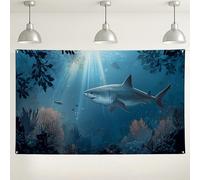 Sfondo da parete con squalo oceano, sfondo fotografico con vita marina subacquea, scena decorativa per feste ed eventi, decorazioni estive di compleanno, 180 x 109 cm