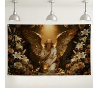 Sfondo da parete con statua di angelo, sfondo decorativo vintage dorato, elegante per interni ed esterni, per matrimoni e celebrazioni, 180 x 109 cm