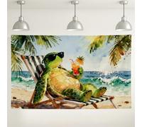 Sfondo da parete con tartaruga tropicale, grazioso sfondo per feste con scena ad acquerello sulla spiaggia, sfondo fotografico per interni ed esterni, sfondo fotografico per eventi estivi, 180 x 109