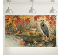 Sfondo da parete con torta di airone autunnale, scena della natura autunnale con foglie e laghetto per decorazioni stagionali per feste, forniture fotografiche del Ringraziamento, 180 x 109 cm