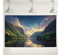 Sfondo da parete con tramonto sul lago di montagna, paesaggio natura serenità, decorazioni artistiche, sfondo fotografico da sogno per eventi all'aperto, raduni primaverili ed estivi, 180 x 109 cm
