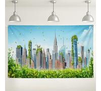 Sfondo da parete con verde urbano, design ispirato alla natura con skyline della città per fotografia, decorazioni ecologiche per interni/esterni, sfondo per feste primaverili stagionali, 180 x 109 cm