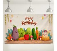 Sfondo da parete con verdure e scritta "Happy Birthday", simpatiche decorazioni per feste in stile cartone animato, sfondo fotografico colorato per interni ed esterni, per feste di compleanno per