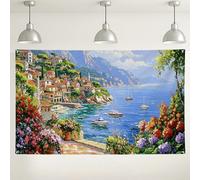 Sfondo da parete con villaggio costiero, decorazioni paesaggistiche sul mare per feste, natura vibrante per interni/esterni, sfondo per fotografie eventi, 180 x 109 cm