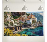 Sfondo da parete con villaggio costiero, sfondo decorativo artistico scenico della natura, vibrante sfondo fotografico all'aperto per feste, celebrazioni estive, 180 x 109 cm