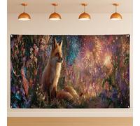 Sfondo da parete con volpe floreale e fuochi d'artificio, natura vivace e stravagante, decorazione per feste, sfondo per fotografia, giorno dell'indipendenza, celebrazioni estive, 180 x 109 cm