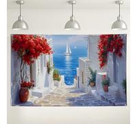 Sfondo da parete costiero mediterraneo, decorazione panoramica sul sentiero sul mare, sfondo nautico per eventi estivi, decorazione per feste a tema spiaggia, 180 x 109 cm