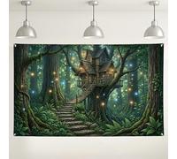 Sfondo da parete della foresta incantata, sfondo fotografico vintage con casa sull'albero, fiaba verde, decorazione per interni ed esterni, per feste ed eventi, 180 x 109 cm