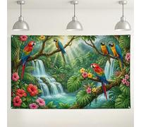 Sfondo da parete della giungla tropicale, pappagalli colorati e design floreale, decorazioni a tema natura per feste, sfondo fotografico estivo all'aperto, 180 x 109 cm