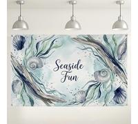 Sfondo da parete divertente sul mare, conchiglie nautiche e alghe vintage, decorazioni per feste, sfondo blu oceano per interni ed esterni, sfondo per fotografia eventi, 180 x 109 cm