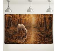 Sfondo da parete fantasy con cavallo magico, sfondo fotografico rustico con foresta autunnale, perfetto per feste ed eventi autunnali, 180 x 109 cm