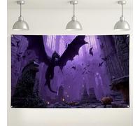 Sfondo da parete fantasy con drago viola, decorazioni gotiche spettrali di Halloween, castello incantato, sfondo fotografico per feste ed eventi, 180 x 109 cm