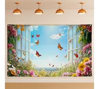 Sfondo da parete floreale con farfalle, vivace e luminoso ispirato alla natura, carino sfondo decorativo per feste, sfondo con finestra primaverile, per fotografia, forniture per cabine nuziali, 180 x