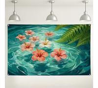 Sfondo da parete floreale con ibisco tropicale, design decorativo ad acquerello, tema botanico verde acqua per eventi estivi, sfondo per cabina fotografica Luau, 180 x 109 cm