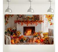 Sfondo da parete floreale con raccolta autunnale, vivaci decorazioni autunnali con girasole e zucca, accogliente sfondo per caminetto per fotografia, forniture per feste del Ringraziamento, 180 x 109