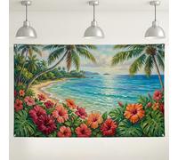 Sfondo da parete floreale tropicale, decorazioni vivaci per paradiso sulla spiaggia, piante di ibisco colorate, sfondo fotografico per interni ed esterni, per eventi estivi per feste estive, 180 x 109