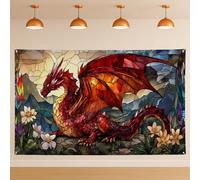Sfondo da parete in vetro colorato con drago, mistico mitico ornato, sfondo artistico ornato, sfondo fotografico per interni, per bambini, forniture per feste a tema fantasy, 180 x 109 cm