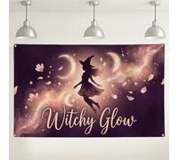 Sfondo da parete luminoso con strega, decorazioni magiche per feste celesti, viola e oro, sfondo fotografico per interni ed esterni, per eventi di Halloween, 180 x 109 cm