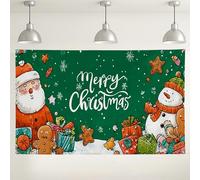 Sfondo da parete Merry Christmas, decorazioni natalizie con Babbo Natale e pupazzo di neve, sfondo verde rosso carino per feste per eventi fotografici, 180 x 109 cm