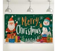 Sfondo da parete Merry Christmas, decorazioni natalizie con Babbo Natale e pupazzo di neve, sfondo verde per feste invernali per eventi fotografici, 180 x 109 cm