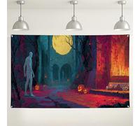Sfondo da parete spettrale di Halloween, decorazioni raccapriccianti con castello infestato, scena mummia al chiaro di luna per fotografie per feste, forniture per festival autunnali, 180 x 109 cm
