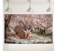 Sfondo da picnic con fiori di ciliegie di pesco, decorazioni floreali vintage per feste primaverili, sfondo fotografico per interni ed esterni, per baby shower, feste di compleanno, 180 x 109 cm