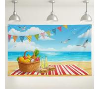 Sfondo da picnic sulla spiaggia, decorazioni colorate per feste estive, scena oceano e cesto di frutta per fotografia, forniture per feste all'aperto, 180 x 109 cm