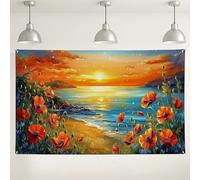 Sfondo da spiaggia con papaveri al tramonto, vivace decorazione floreale sul mare, splendido sfondo naturale per eventi fotografici, celebrazioni estive all'aperto, 180 x 109 cm
