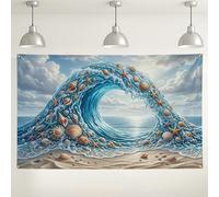 Sfondo decorativo con onde oceaniche, scena costiera sulla spiaggia, conchiglie di mare blu, decorazione per feste estive, 180 x 109 cm