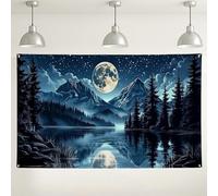 Sfondo decorativo da parete con paesaggio al chiaro di luna e montagna, cielo notturno, scena naturale, perfetto per fotografia interno/esterno, feste, eventi, 180 x 109 cm